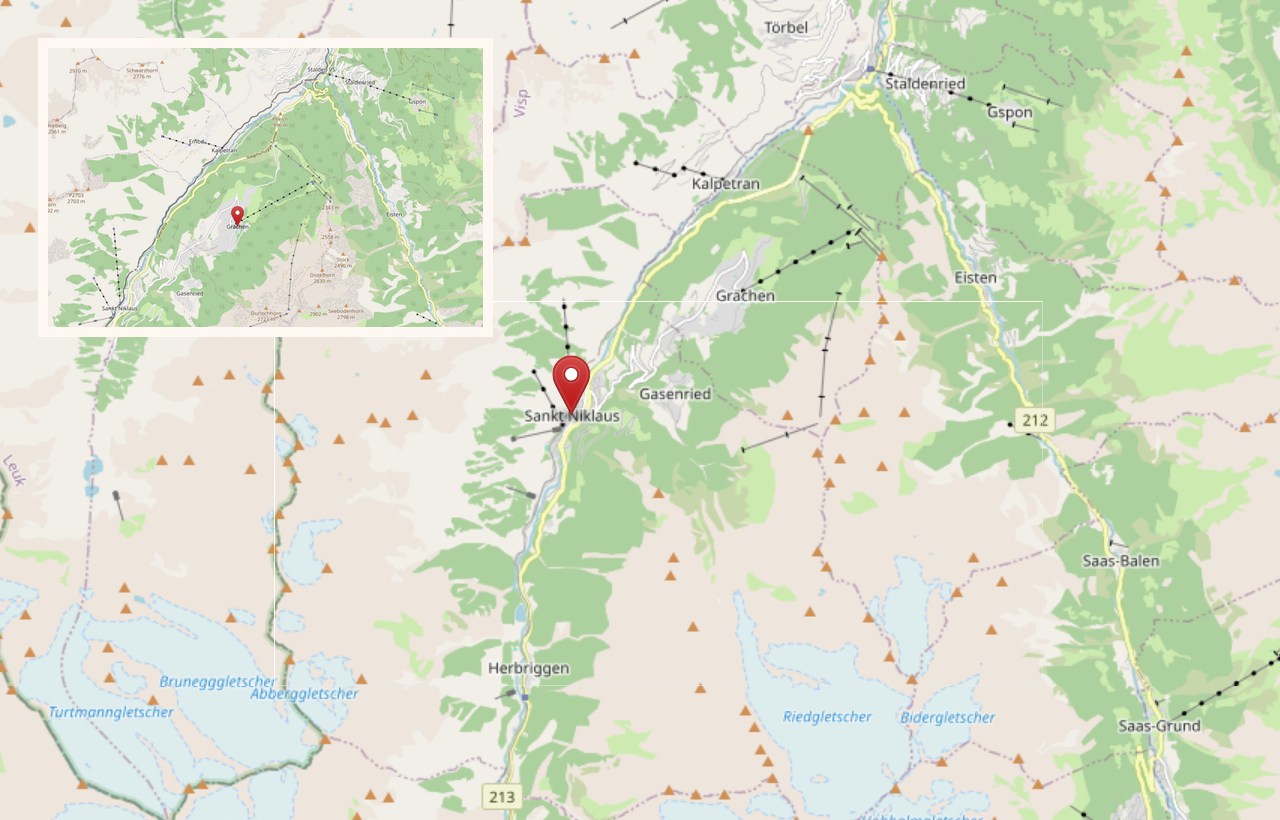 Composite OpenStreetMap image showing St. Niklaus in the valley context and a closer Graechen inset
